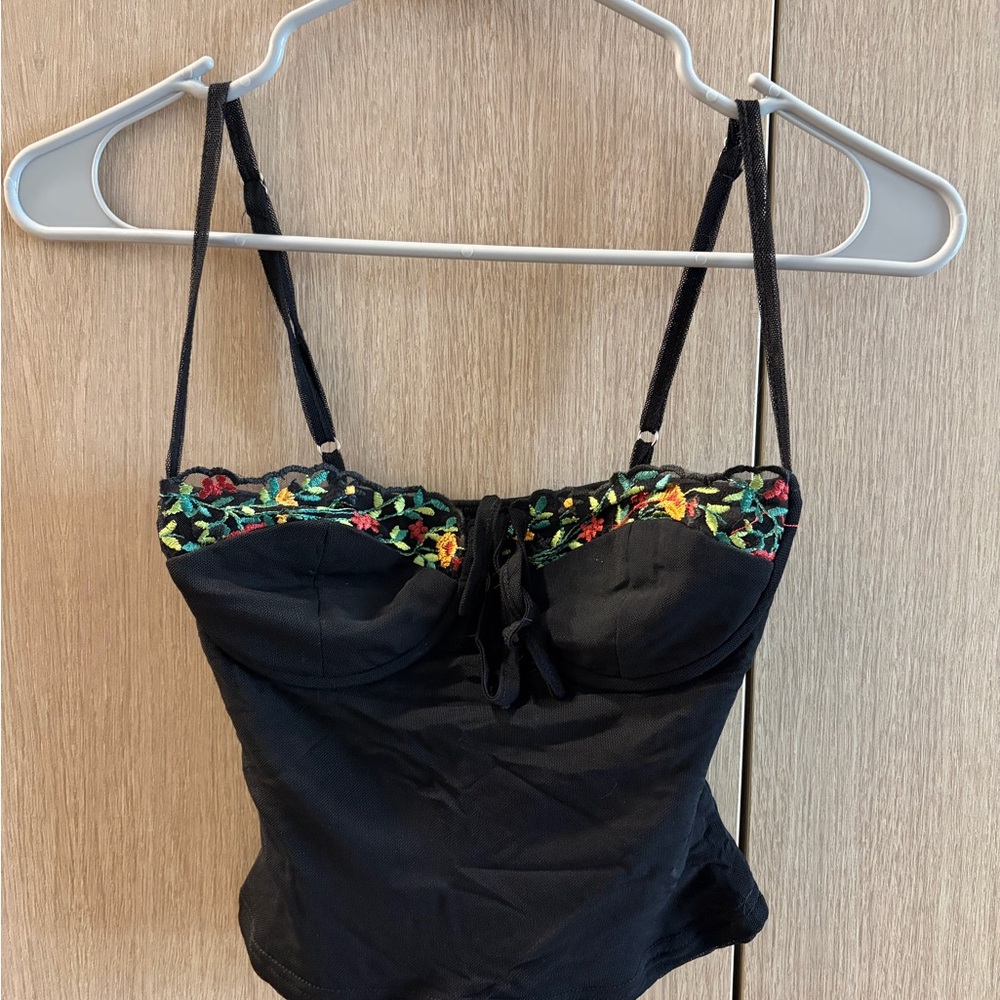 Princess Polly Black Bustier Camisole with Multicolor Floral Embroidery